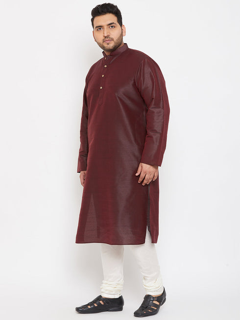 Vastramay Men's Plus Size Wine Silk Blend Kurta Pyjama Set
